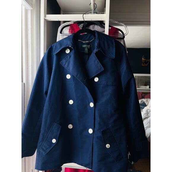Vintage LRL Lauren Ralph Lauren Blue Trench Coat Sz L 90s - Picture 4 of 8